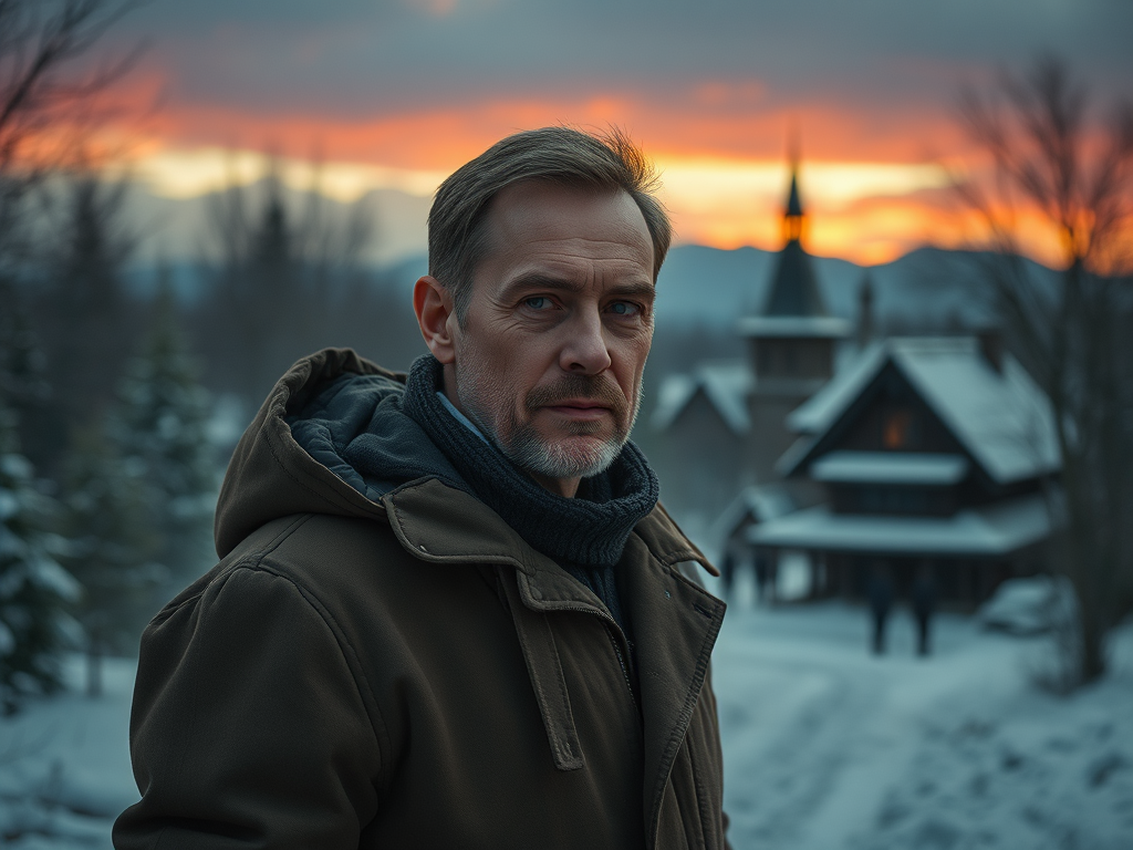 Мужчина на фоне зимнего пейзажа с деревьями и домом, освещённым закатным светом.