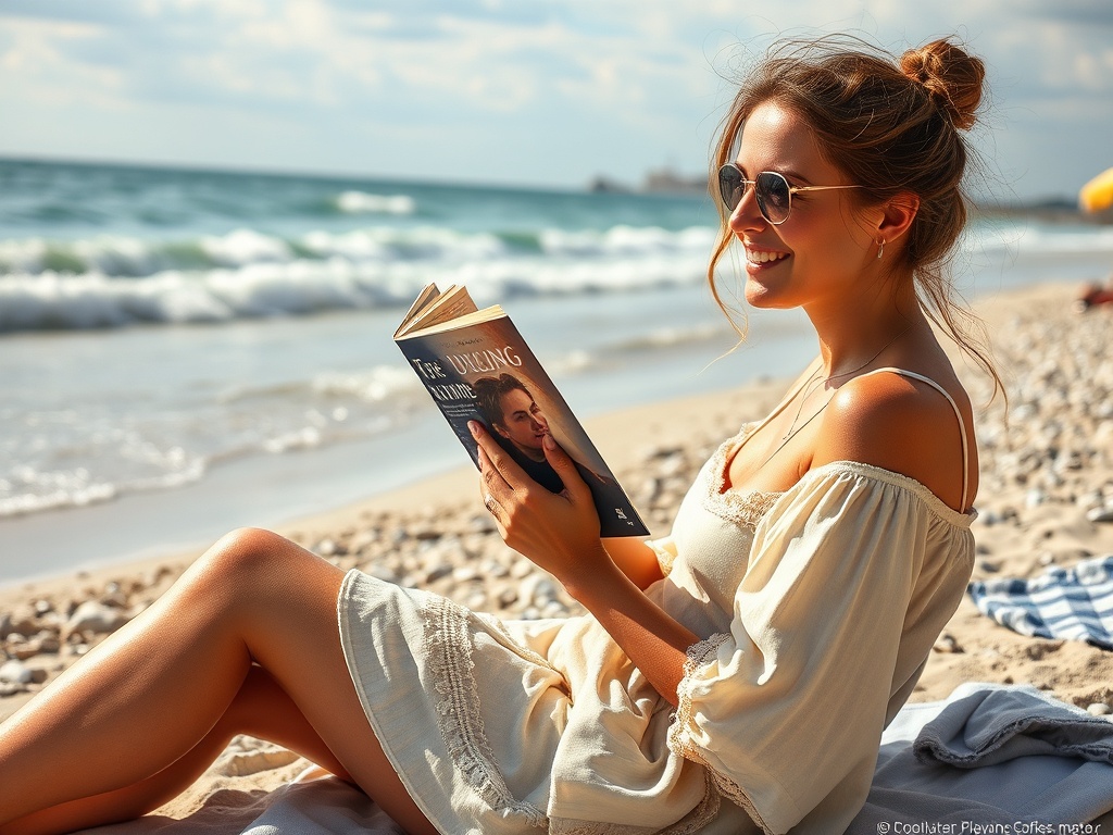 Девушка на пляже с книгой, улыбается, наслаждаясь солнцем и морем в фоне.