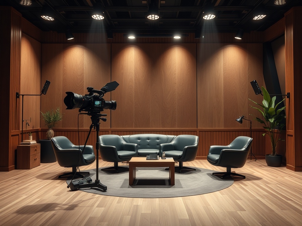 Студия с камерой, зелеными креслами и деревянными стенами, готовая к записи. Мягкое освещение и уютная обстановка.