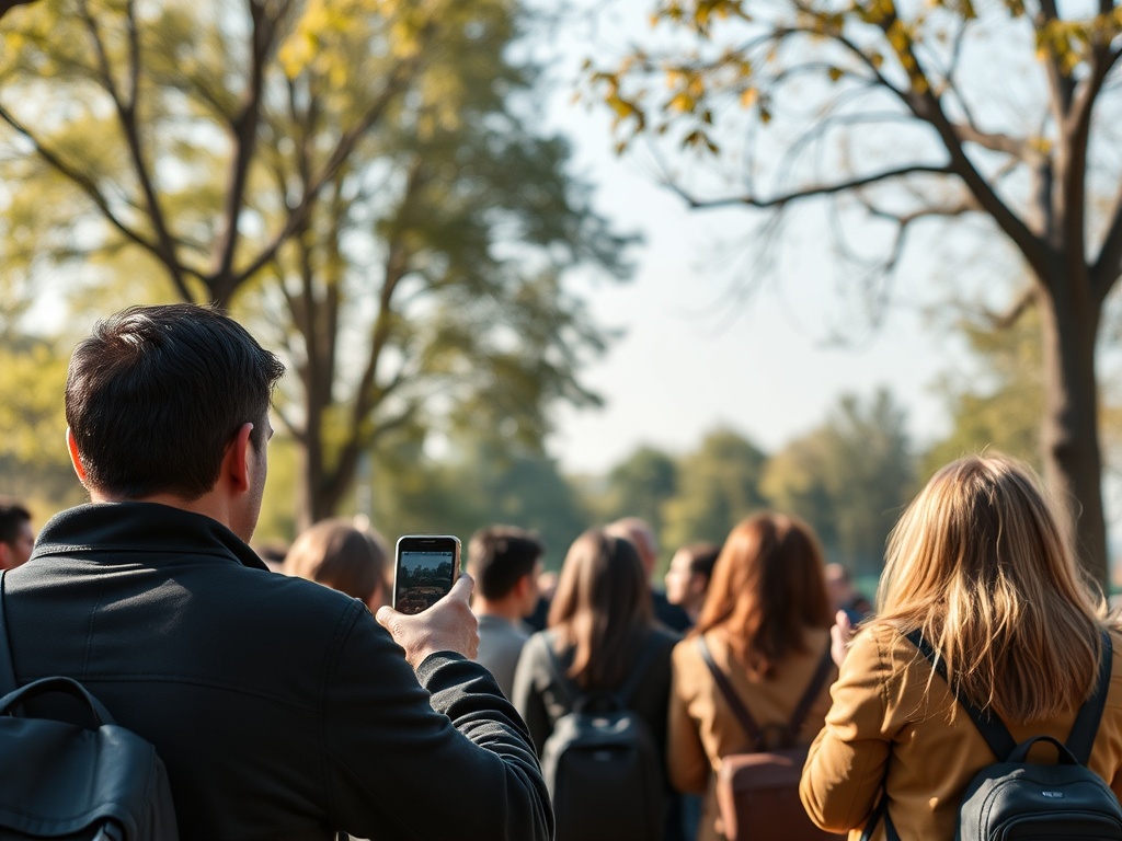 На изображении группа людей с рюкзаками на улице. Один человек снимает с телефоном. Осень.