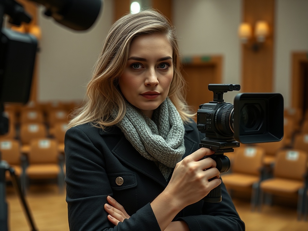 Женщина с камерой в черном пальто и сером шарфе стоит на фоне пустого зала.