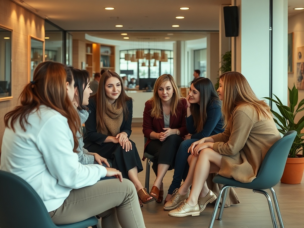 Группа женщин обсуждает что-то важное в современном офисном пространстве. Везде светлый интерьер.