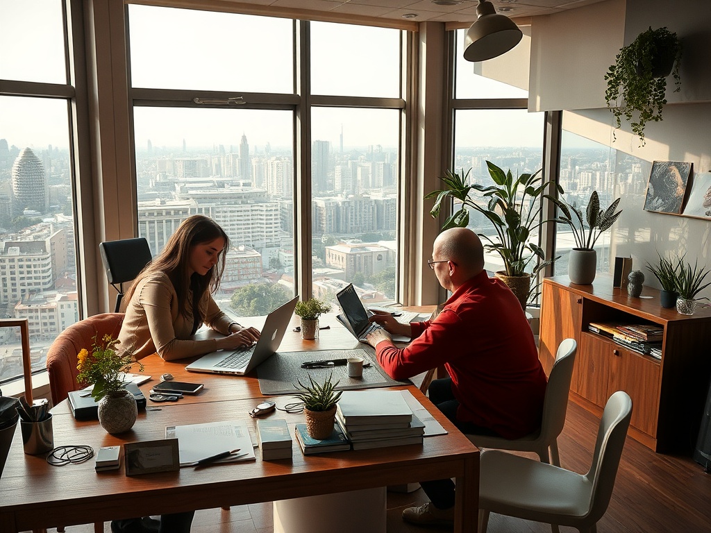 Два человека работают в офисе с большими окнами, откуда открывается вид на город. Зеленые растения вокруг.