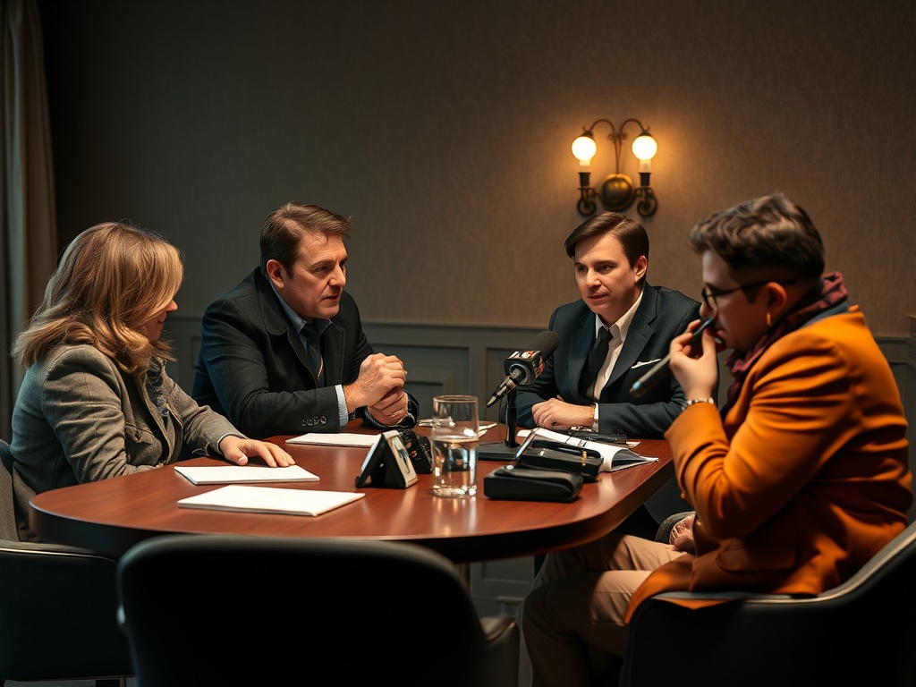 Четверо людей за столом на деловой встрече, обсуждают документы и записи. Атмосфера напряженная.