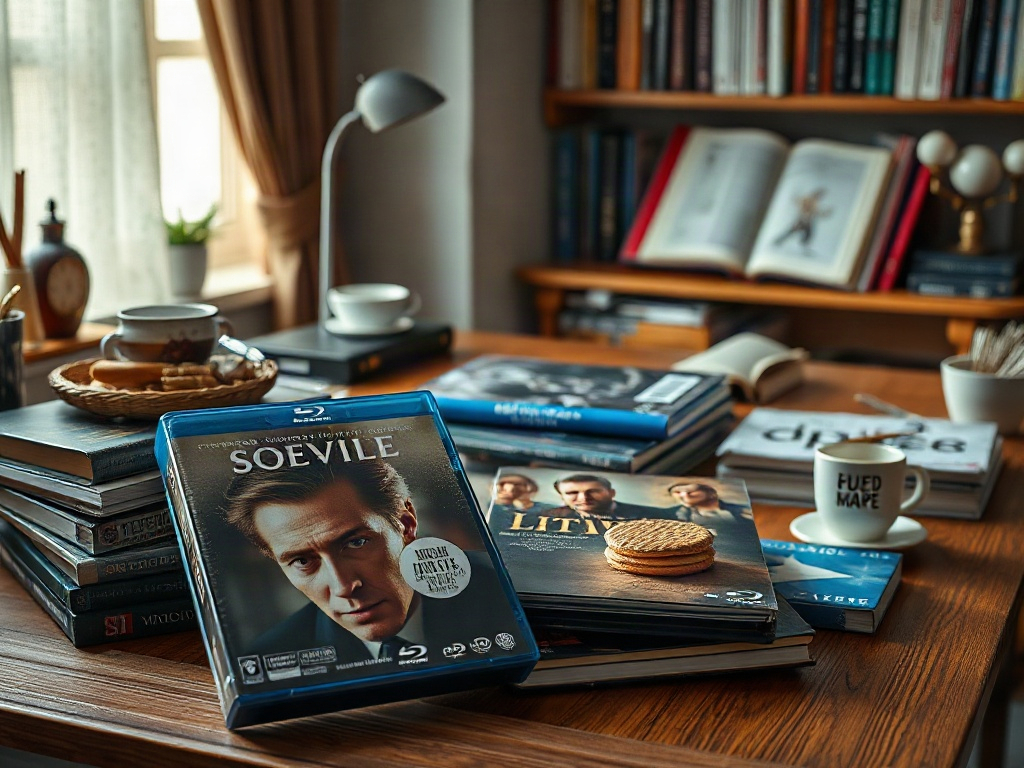 На столе лежат фильмы на Blu-ray, книги и чашка с печеньем в уютной комнате.