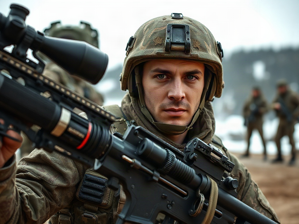 Солдат в военной форме с оружием на переднем плане, на фоне других военнослужащих.